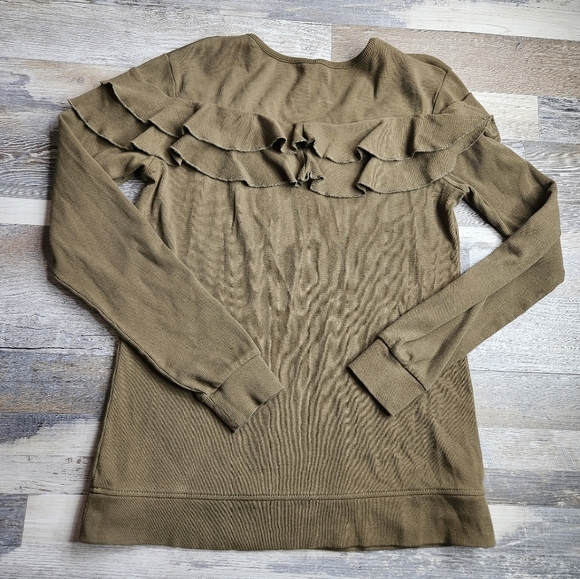 Kate Quinn Long Sleeve V-Neck Ruffle Top Olive Green Medium - Picture 4 of 5